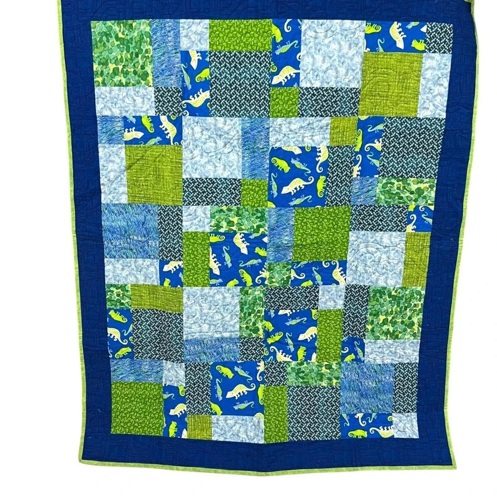 Handmade Patchwork Quilt 54x62 Blue‎ Green Beach House Gecko Throw